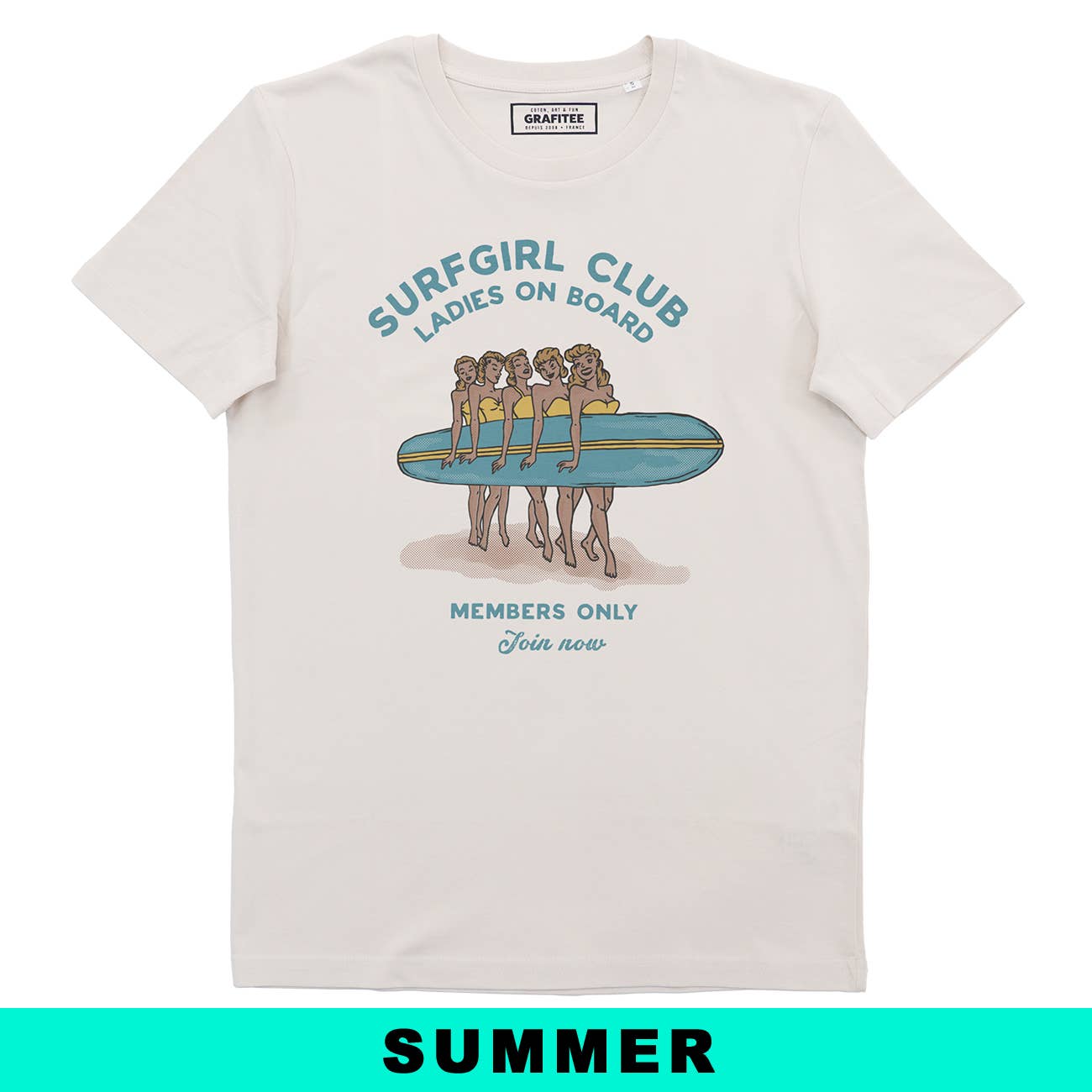 Surfgirl Club T-shirt - Summer surf graphic tee: L
